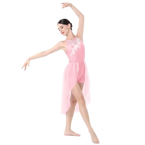 ODASDO Women's Flowy Mesh Tulle Lyrical Dance Leotard with Flower Applique