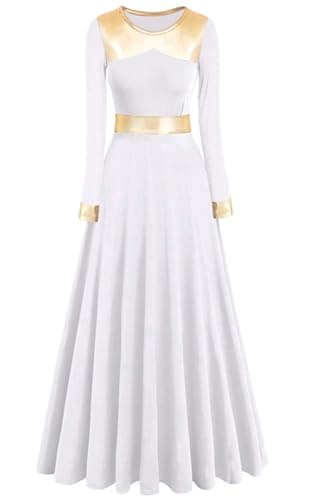 ELLYDOOR Women's Long Sleeve Metallic Gold Praise Dance Dress Liturgical Worship Costume