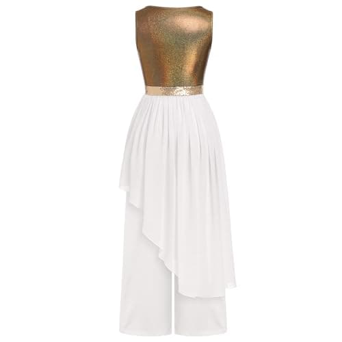 AFAVOM Women's Metallic Asymmetric Praise Dance Dress with Pants