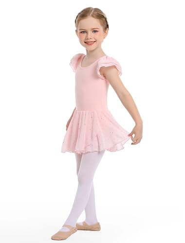 MdnMd Dance Ballet Leotard with Skirt for Toddler Girls Glitter Back Bow Ruffle Sleeve