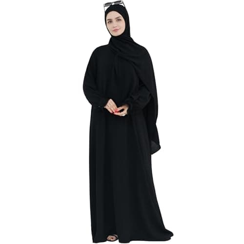Women's Middle Eastern Arabian Robe Modest Dress with Lace Sleeve Hijab Scarf