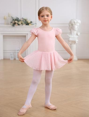 MdnMd Dance Ballet Leotard with Skirt for Toddler Girls Glitter Back Bow Ruffle Sleeve