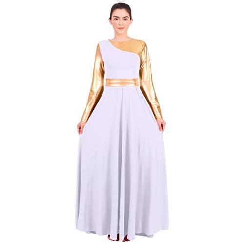 Women's Gold Metallic Worship Dance Dress with Bell Sleeves
