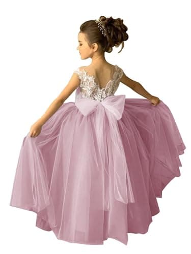 Zikusel Lace Applique Tulle Flower Girl Wedding Dress V-Back Satin Bow Knot