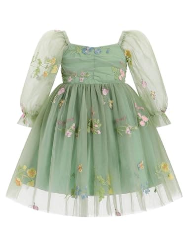 ODASDO Girls' Square Neck Mesh Long Sleeve Tutu Dress for Special Occasions
