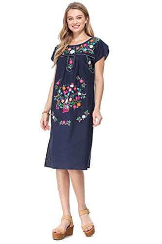 Unik Women's Embroidered Mexican Bohemian Long Casual Dress