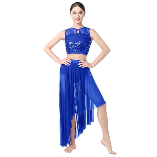 Lyrical Dance Costume for Women: Sequin Lace Floral Crop Top and Asymmetrical Flowy Mesh Tulle Skirt 2-Piece Outfit