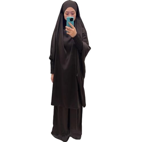 Zofocy Two-Piece Abaya Set for Muslim Women Elastic Sleeves Modest Prayer Dress