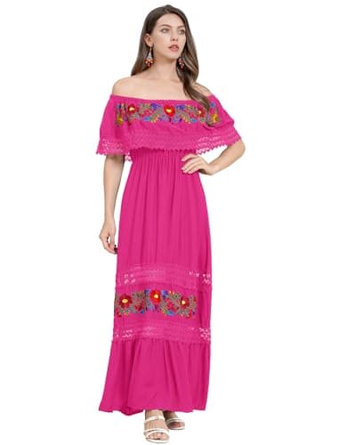 ABAFIP Women's Off-Shoulder Floral Embroidered Midi Dress