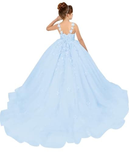 PSAISY Floral Applique Tulle Flower Girl Dress for Weddings & Birthday Parties