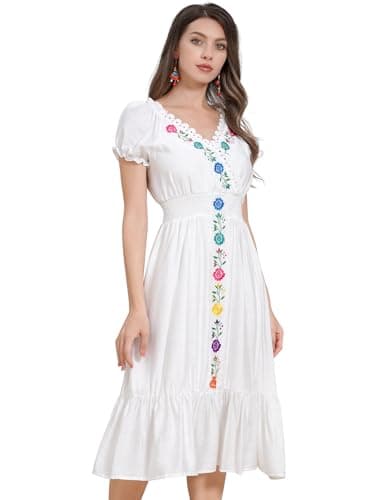 ODIZLI Women's Floral Embroidered Short Sleeve V-Neck Cinco De Mayo Fiesta Dress