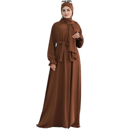 Women's Middle Eastern Arabian Robe Modest Dress with Lace Sleeve Hijab Scarf