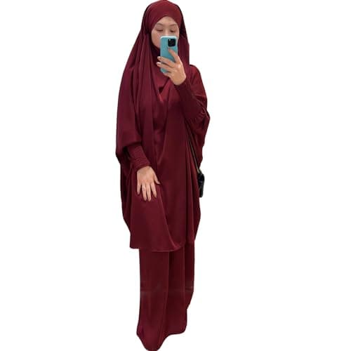 Zofocy Two-Piece Abaya Set for Muslim Women Elastic Sleeves Modest Prayer Dress