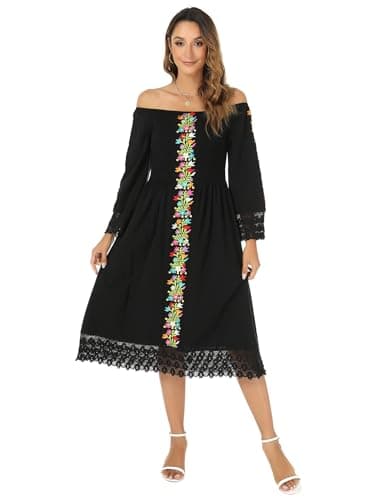 Vackutliv Mexican Embroidered Traditional Fiesta Dress Styles Long Sleeve Flower Patterns