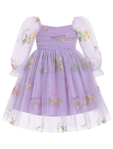 ODASDO Girls' Square Neck Mesh Long Sleeve Tutu Dress for Special Occasions