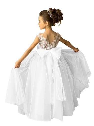 Zikusel Lace Applique Tulle Flower Girl Wedding Dress V-Back Satin Bow Knot