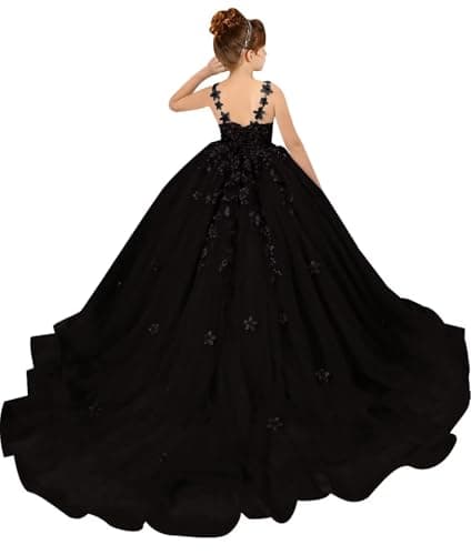 PSAISY Floral Applique Tulle Flower Girl Dress for Weddings & Birthday Parties