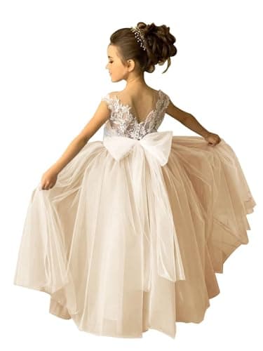 Zikusel Lace Applique Tulle Flower Girl Wedding Dress V-Back Satin Bow Knot