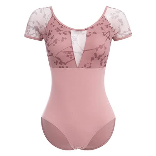 Women's Ballet Dance Leotard with Mesh Floral Back and Padded Bra for Gymnastics and Aerial Yoga