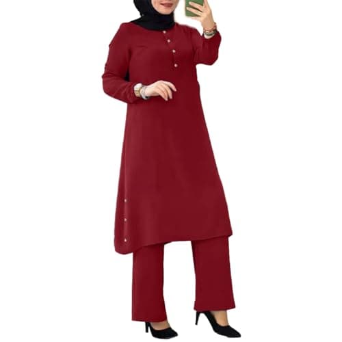 IDOPIP Women's Muslim Abaya Dress Set Casual Arabic Outfits