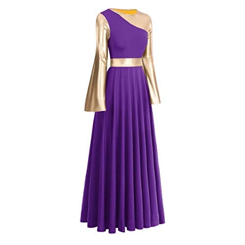 IBAKOM Women's Metallic Gold Color Block Long Dress for Liturgical Praise Dance