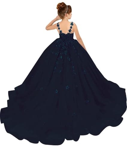 PSAISY Floral Applique Tulle Flower Girl Dress for Weddings & Birthday Parties