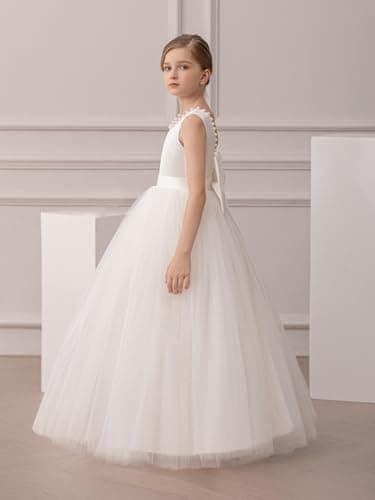 KAQININI Kids' Satin Tulle Maxi Wedding Dress for Flower Girls & Bridesmaids