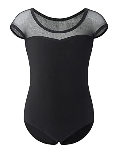 Black Mesh Short Sleeve Leotard for Girls' Ballet & Gymnastics