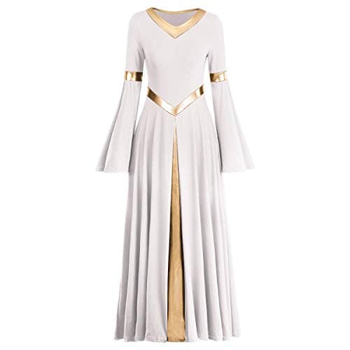 IBAKOM Women's Loose Fit Full Length Metallic Gold V-Neck Worship Dance Costume