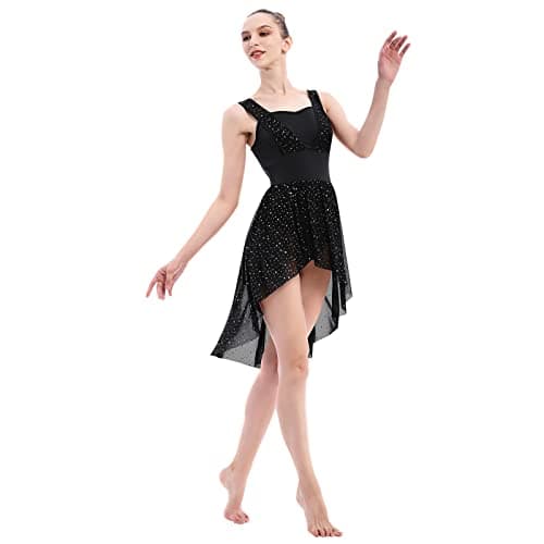 ODASDO Women's Lyrical Dance Rhinestone Asymmetrical Mesh Tulle Leotard Ice Skating Ballet Costume