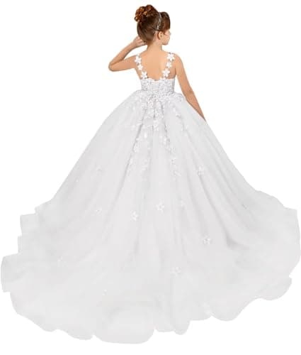PSAISY Floral Applique Tulle Flower Girl Dress for Weddings & Birthday Parties