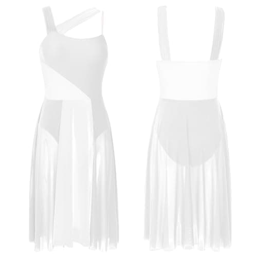 CochOn White Modern Lyrical Dance Dress for Women Flowy Split Sheer Mesh Leotard Maxi