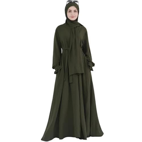 Women's Middle Eastern Arabian Robe Modest Dress with Lace Sleeve Hijab Scarf