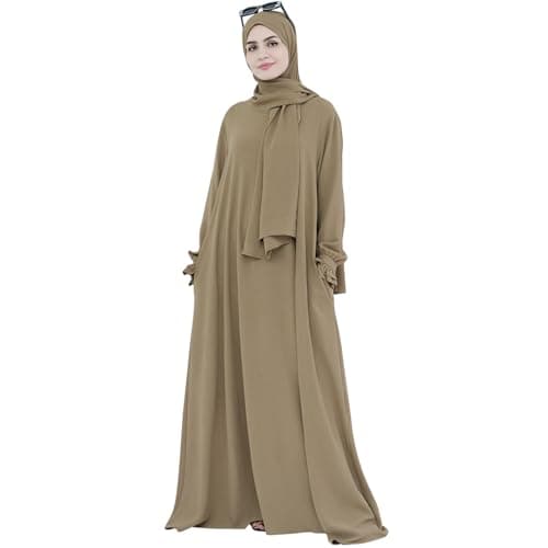 Women's Middle Eastern Arabian Robe Modest Dress with Lace Sleeve Hijab Scarf