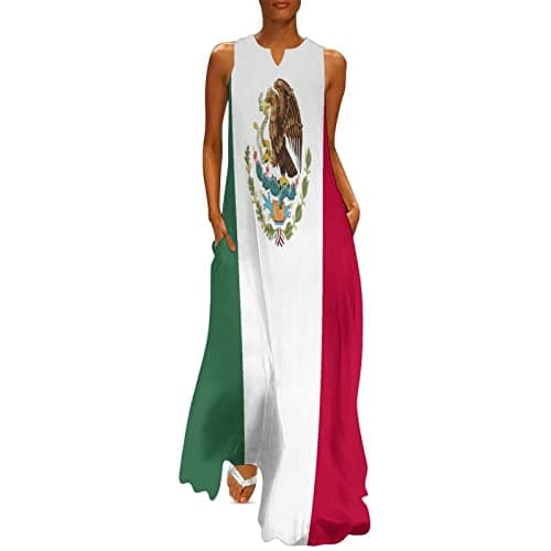 TAIZIYEAH Casual Mexican Flag V-Neck Shift Dress for Women Summer