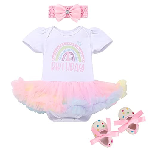 Baby Girl First Birthday Outfit Rainbow Tutu Princess Romper Dress Tiara Shoes 3pcs Clothes Set for Cake Smash Refine to Rainbow Tutu Princess Romper Dress and Tiara for Baby Girl's First Birthday