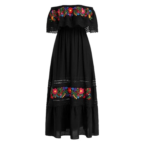 ABEHIK Women's Off-Shoulder Embroidered Mexican Maxi Dress for Cinco de Mayo