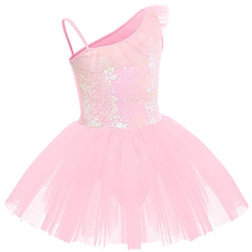 IDOPIP Girls' Sequin One-Shoulder Ballet Dance Tutu Skirted Leotard Costume