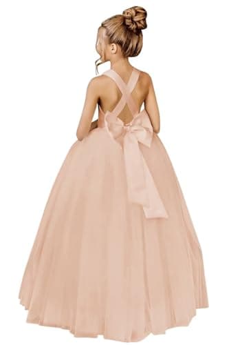 JISISANG Crossed Straps Satin Prom Dress with Bow Tulle for Flower Girls
