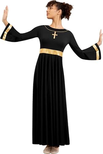 Sanmsoner Women's Metallic Cross Praise Dance Liturgical Long Sleeve Dress
