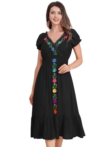 ODIZLI Women's Floral Embroidered Short Sleeve V-Neck Cinco De Mayo Fiesta Dress