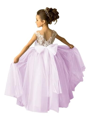 Zikusel Lace Applique Tulle Flower Girl Wedding Dress V-Back Satin Bow Knot
