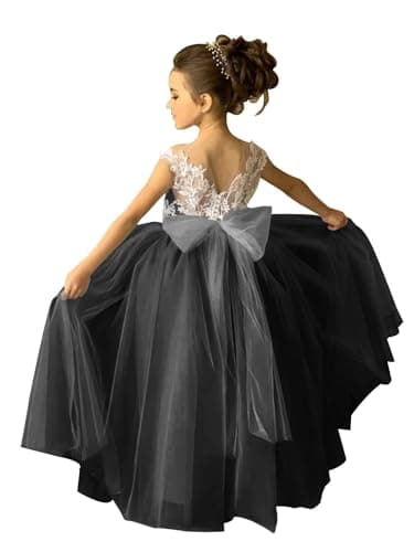 Zikusel Lace Applique Tulle Flower Girl Wedding Dress V-Back Satin Bow Knot
