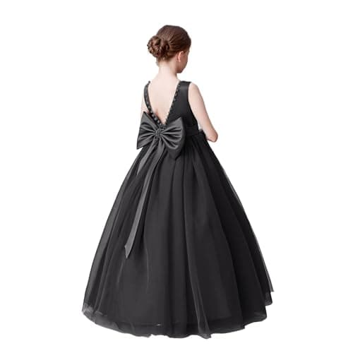 KAQININI Kids' Satin Tulle Maxi Wedding Dress for Flower Girls & Bridesmaids