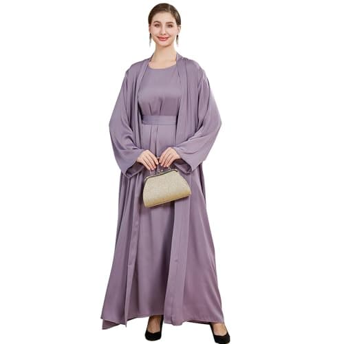 Lenmipot Women's Silk Abaya Dress Twin Set Maxi Kaftan Jilbab Eidsrobe