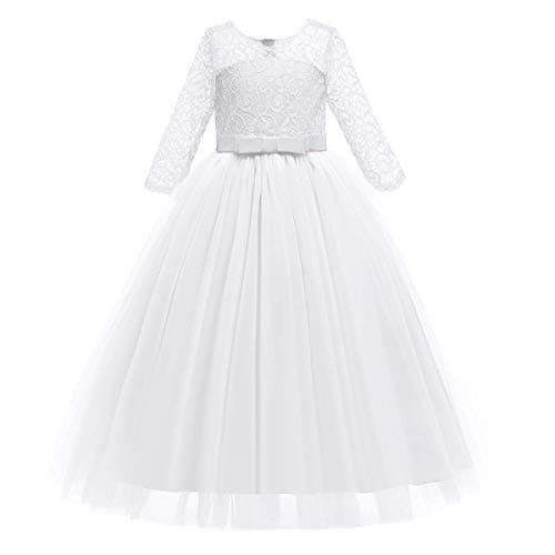 IBTOM CASTLE Girls' Flower Floral Lace 3/4 Sleeve Floor-Length Wedding Party Dress