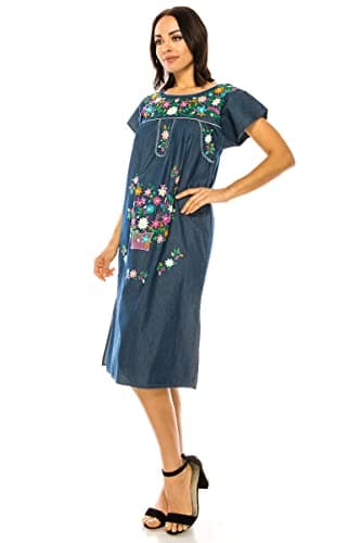 Unik Women's Embroidered Mexican Bohemian Long Casual Dress