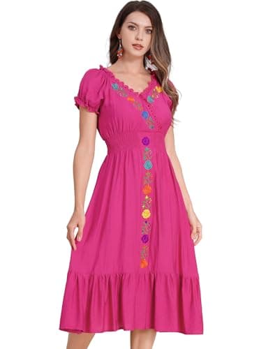 ODIZLI Women's Floral Embroidered Short Sleeve V-Neck Cinco De Mayo Fiesta Dress
