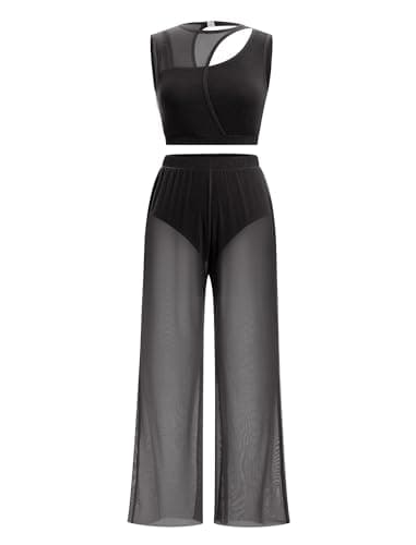 ODASDO Women's Lyrical Dance Two-Piece Costume Tank Tops & Mesh Pants Set