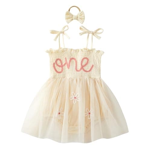 DLLYING Baby Girl Summer Smocked Fairy Berry One-Piece Tulle Romper with Headband